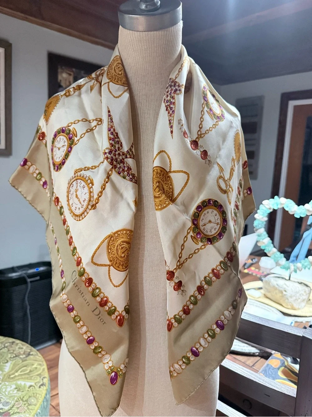 Vintage Dior Silk Scarf in Cream, Gold and Purple Accent